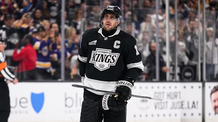 Apr 26, 2026; Los Angeles, California, USA; Los Angeles Kings center Anze Kopitar (11) looks on during the third period in game four of the first round of the 2026 Stanley Cup Playoffs against the Colorado Avalanche at Crypto.com Arena. Mandatory Credit: William Liang-Imagn Images