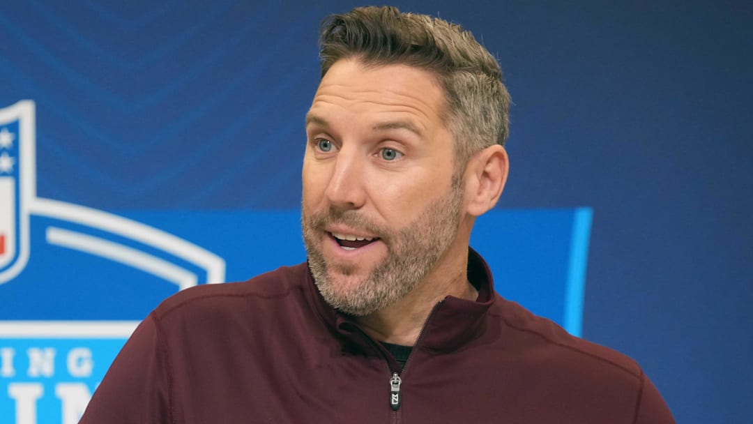 Feb 25, 2025; Indianapolis, IN, USA; Washington Commanders general manager Adam Peters speaks during the NFL Scouting Combine at the Indiana Convention Center. Mandatory Credit: Kirby Lee-Imagn Images