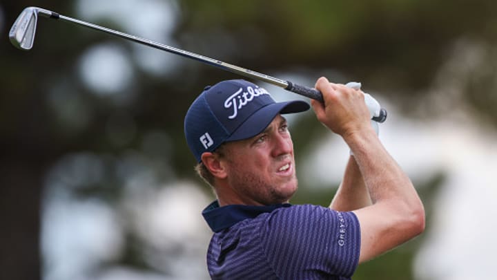 Justin Thomas of the United States plays his shot from the ninth tee during the second round of the TOUR Championship at East Lake Golf Club on August 30, 2024 in Atlanta, Georgia. 