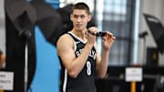 Sep 23, 2025; Brooklyn, NY, USA;  Brooklyn Nets guard Egor Demin (8) at Media Day. Mandatory Credit: Wendell Cruz-Imagn Images