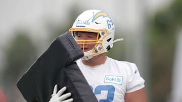 Aug 31, 2020; Costa Mesa, California, USA; Los Angeles Chargers guard Nate Gilliam (63) during