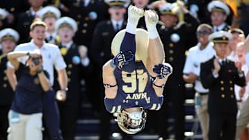 Oct 19, 2024; Annapolis, Maryland, USA; Navy Midshipmen fullback Alex Tecza (46) celebrates during the first half against the Charlotte 49ers at Navy-Marine Corps Memorial Stadium. Mandatory Credit: Daniel Kucin Jr.-Imagn Images