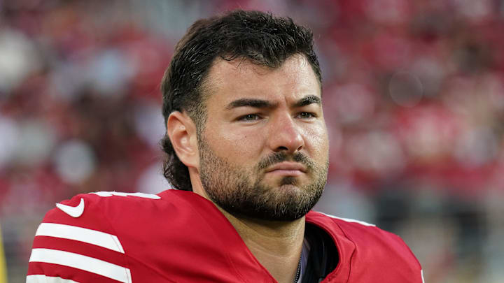Aug 9, 2025; Santa Clara, California, USA;  San Francisco 49ers kicker Jake Moody stands on the sidelines in the third quarter during a game against the Denver Broncos at Levi's Stadium