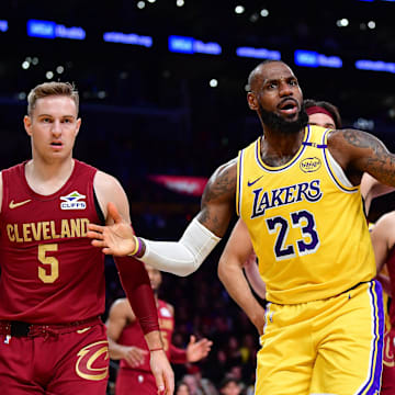 Lakers forward LeBron James reacts to a call during the first half of a matchup against the Cavaliers in December 2024.