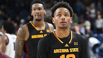 Nov 10, 2024; Spokane, Washington, USA; Arizona State Sun Devils guard BJ Freeman (10) walks off the court after a game against the Gonzaga Bulldogs at McCarthey Athletic Center. Gonzaga Bulldogs won 88-80. Mandatory Credit: James Snook-Imagn Images