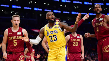 Dec 31, 2024; Los Angeles, California, USA; Los Angeles Lakers forward LeBron James (23) reacts during the first half at Crypto.com Arena. Mandatory Credit: Gary A. Vasquez-Imagn Images