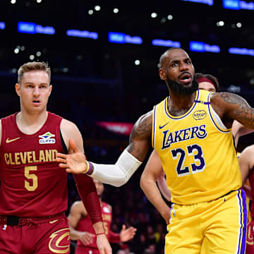 Dec 31, 2024; Los Angeles, California, USA; Los Angeles Lakers forward LeBron James (23) reacts during the first half at Crypto.com Arena. Mandatory Credit: Gary A. Vasquez-Imagn Images