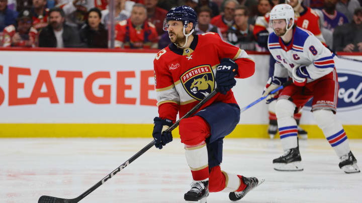 May 28, 2024; Sunrise, Florida, USA; Florida Panthers center Sam Reinhart (13) looks on after scoring the game-winning goal during overtime against the New York Rangers in game four of the Eastern Conference Final of the 2024 Stanley Cup Playoffs at Amerant Bank Arena. Mandatory Credit: Sam Navarro-USA TODAY Sports