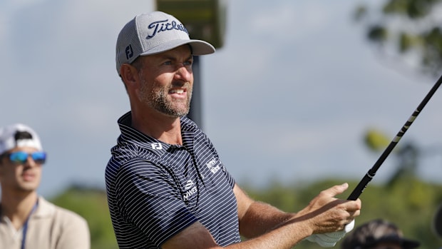 Webb Simpson plays his shot from the tenth tee during the first round of the Valspar Championship.