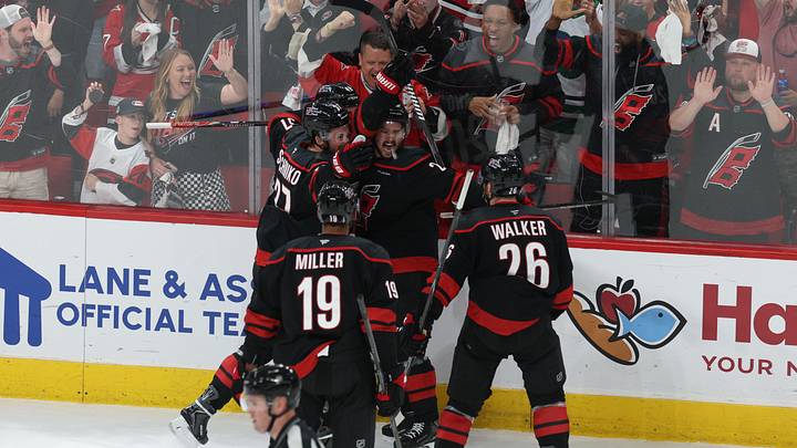 Jun 11, 2026; Raleigh, North Carolina, USA; Carolina Hurricanes center Sebastian Aho (20) celebrates with teammates after scoring during the second period against the Vegas Golden Knights in game five of the 2026 Stanley Cup Final at Lenovo Center. Mandatory Credit: Nathan Ray Seebeck-Imagn Images