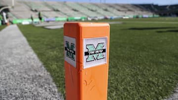 Nov 7, 2020; Huntington, West Virginia, USA; The Marshall Thundering Herd logo is seen on a pylon in the end zone before a game against the Massachusetts Minutemen at Joan C. Edwards Stadium. Mandatory Credit: Ben Queen-Imagn Images