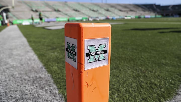 Nov 7, 2020; Huntington, West Virginia, USA; The Marshall Thundering Herd logo is seen on a pylon in the end zone before a game against the Massachusetts Minutemen at Joan C. Edwards Stadium. Mandatory Credit: Ben Queen-Imagn Images