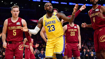 Dec 31, 2024; Los Angeles, California, USA; Los Angeles Lakers forward LeBron James (23) reacts during the first half at Crypto.com Arena. Mandatory Credit: Gary A. Vasquez-Imagn Images