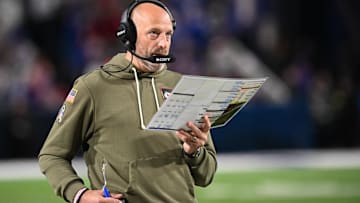 Nov 2, 2025; Orchard Park, New York, USA; Kansas City Chiefs offensive coordinator Matt Nagy looks on during the third quarter against the Buffalo Bills at Highmark Stadium.