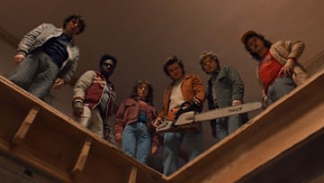 (L to R) Finn Wolfhard as Mike Wheeler, Caleb McLaughlin as Lucas Sinclair, Natalia Dyer as Nancy Wheeler, Joe Keery as Steve Harrington, Charlie Heaton as Jonathan Byers, and Gaten Matarazzo as Dustin Henderson in Stranger Things 5