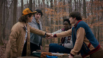 STRANGER THINGS. (L to R) Gaten Matarazzo as Dustin Henderson, Finn Wolfhard as Mike Wheeler, Caleb McLaughlin as Lucas Sinclair, and Noah Schnapp as Will Byers in STRANGER THINGS. Cr. Courtesy of Netflix © 2025