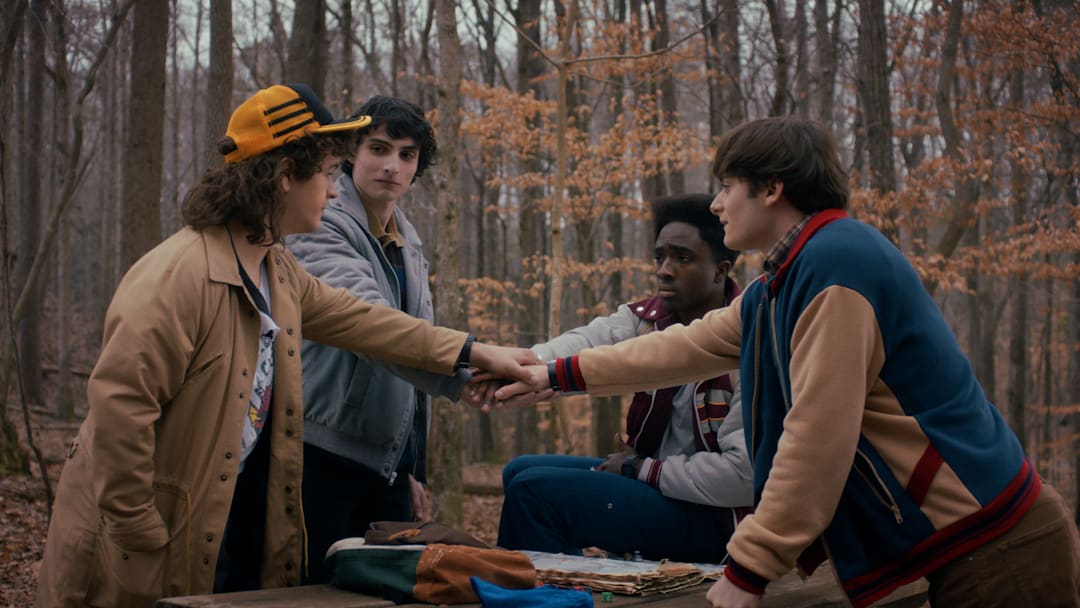 STRANGER THINGS. (L to R) Gaten Matarazzo as Dustin Henderson, Finn Wolfhard as Mike Wheeler, Caleb McLaughlin as Lucas Sinclair, and Noah Schnapp as Will Byers in STRANGER THINGS.