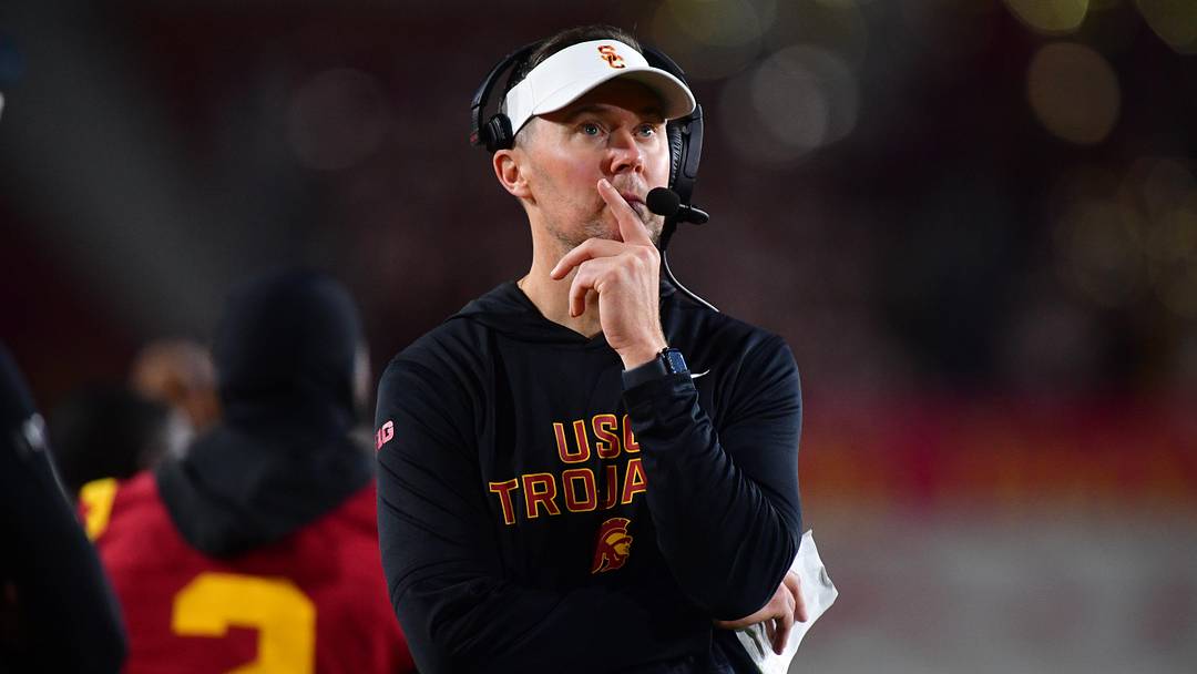 Nov 7, 2025; Los Angeles, California, USA; Southern California Trojans head coach Lincoln Riley watches game action against the Northwestern Wildcats during the second half at the Los Angeles Memorial Coliseum. Mandatory Credit: Gary A. Vasquez-Imagn Images