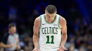 Feb 20, 2025; Philadelphia, Pennsylvania, USA; Boston Celtics guard Payton Pritchard (11) reacts to his three pointer against the Philadelphia 76ers during the fourth quarter at Wells Fargo Center. Mandatory Credit: Bill Streicher-Imagn Images