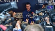 May 27, 2024; Milwaukee, Wisconsin, USA; Chicago Cubs manager Craig Counsell faces a crowd of reporters before game against the Milwaukee Brewers at American Family Field.