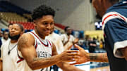 Jackson State guard Daeshun Ruffin (24) completes a pregame handshake before an exhibition men’s college basketball game between Jackson State and Southern Miss at Lee E. Williams Athletics and Assembly Center in Jackson, Miss., on Monday, Oct. 27, 2025. Southern Miss defeated Jackson State 81-71.