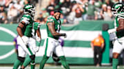 Oct 19, 2025; East Rutherford, New Jersey, USA; New York Jets linebacker Jermaine Johnson (11) celebrates a defensive stop in the first quarter against the Carolina Panthers at MetLife Stadium. Mandatory Credit: Vincent Carchietta-Imagn Images