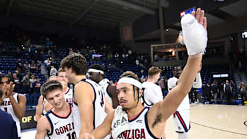 Nov 15, 2024; Spokane, Washington, USA; Gonzaga Bulldogs guard Ryan Nembhard (0) waves to the crowd after a game against the UMass Lowell River Hawks at McCarthey Athletic Center. Mandatory Credit: James Snook-Imagn Images