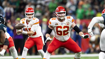 Feb 9, 2025; New Orleans, LA, USA;  Kansas City Chiefs guard Joe Thuney (62)  blocks for quarterback Patrick Mahomes (15) against the Philadelphia Eagles in Super Bowl LIX at Ceasars Superdome. Mandatory Credit: Mark J. Rebilas-Imagn Images