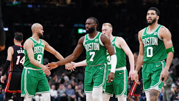 Apr 24, 2024; Boston, Massachusetts, USA; Boston Celtics guard Jaylen Brown (7), forward Jayson