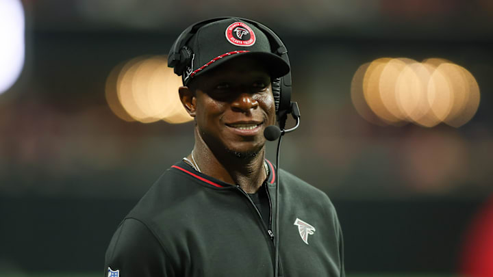 Aug 23, 2024; Atlanta, Georgia, USA; Atlanta Falcons head coach Raheem Morris on the sideline against the Jacksonville Jaguars in the second half at Mercedes-Benz Stadium. 