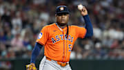Jul 22, 2025; Phoenix, Arizona, USA; Houston Astros pitcher Framber Valdez against the Arizona Diamondbacks at Chase Field. Mandatory Credit: Mark J. Rebilas-Imagn Images