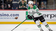 Apr 6, 2025; Saint Paul, Minnesota, USA; Dallas Stars defenseman Thomas Harley (55) skates with the puck against the Minnesota Wild in overtime at Xcel Energy Center. Mandatory Credit: Matt Blewett-Imagn Images
