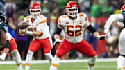 Feb 9, 2025; New Orleans, LA, USA;  Kansas City Chiefs guard Joe Thuney (62)  blocks for quarterback Patrick Mahomes (15) against the Philadelphia Eagles in Super Bowl LIX at Ceasars Superdome. Mandatory Credit: Mark J. Rebilas-Imagn Images