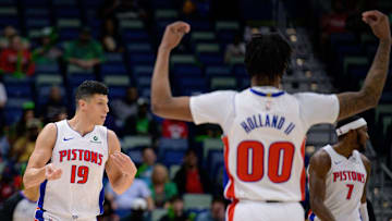 Mar 17, 2025; New Orleans, Louisiana, USA; Detroit Pistons forward Simone Fontecchio (19) and forward Ronald Holland II (00): Matthew Hinton-Imagn Images
