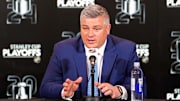 Apr 24, 2024; Toronto, Ontario, CAN; Toronto Maple Leafs head coach Sheldon Keefe talks to the media following a loss to the Boston Bruins in game three of the first round of the 2024 Stanley Cup Playoffs at Scotiabank Arena. Mandatory Credit: John E. Sokolowski-USA TODAY Sports
