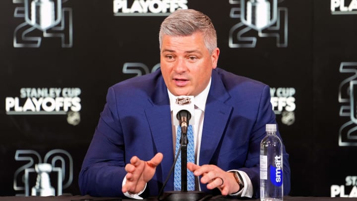 Apr 24, 2024; Toronto, Ontario, CAN; Toronto Maple Leafs head coach Sheldon Keefe talks to the media following a loss to the Boston Bruins in game three of the first round of the 2024 Stanley Cup Playoffs at Scotiabank Arena. Mandatory Credit: John E. Sokolowski-USA TODAY Sports