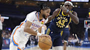 Oklahoma City Thunder guard Isaiah Joe (11) drives to the basket beside Indiana Pacers forward Pascal Siakam (43) during the second quarter at Paycom Center. 