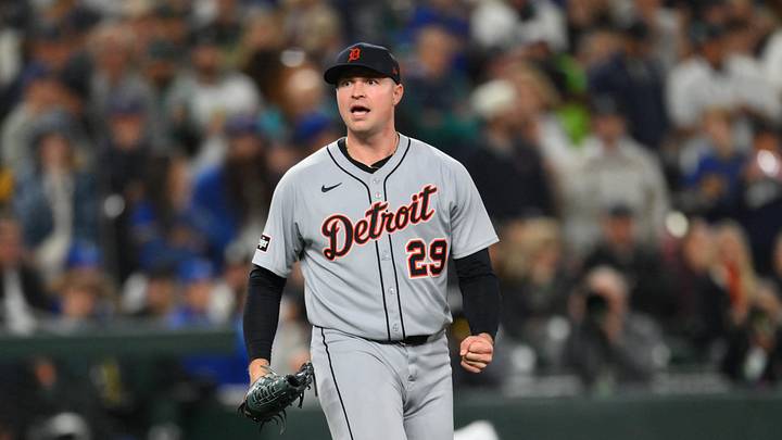 Seattle, Washington, USA; Detroit Tigers starting pitcher Tarik Skubal (29) reacts after striking out Seattle Mariners catcher Cal Raleigh (not pictured) during the sixth inning during game five of the ALDS round for the 2025 MLB playoffs at T-Mobile Park. Mandatory Credit: Steven Bisig-Imagn Images
