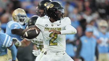 Oct 28, 2023; Pasadena, California, USA; Colorado Buffaloes quarterback Shedeur Sanders (2) throws the ball against the UCLA Bruins in the first half at Rose Bowl. Mandatory Credit: Kirby Lee-Imagn Images