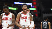 Mar 7, 2023; Houston, Texas, USA; Houston Rockets guard Jalen Green (4) reacts after scoring a basket during the first quarter against the Brooklyn Nets at Toyota Center. Mandatory Credit: Troy Taormina-USA TODAY Sports