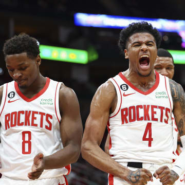 Mar 7, 2023; Houston, Texas, USA; Houston Rockets guard Jalen Green (4) reacts after scoring a basket during the first quarter against the Brooklyn Nets at Toyota Center. Mandatory Credit: Troy Taormina-USA TODAY Sports