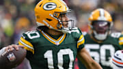 Green Bay Packers quarterback Jordan Love throws a pass during the first quarter against the Chicago Bears at Lambeau Field.
