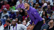 Mar 30, 2025; New Orleans, Louisiana, USA; Charlotte Hornets head coach Charles Lee reacts during the second half against the New Orleans Pelicans at Smoothie King Center. Mandatory Credit: Matthew Hinton-Imagn Images