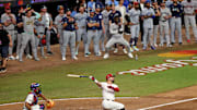  National League designated hitter Kyle Schwarber of the Philadelphia Phillies hits a home run in the swing off of after the 2025 MLB All Star Game ended in a tie at Truist Park.