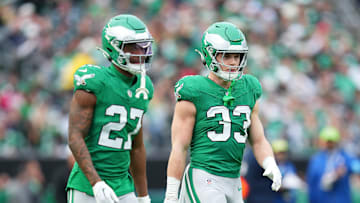 Quinyon Mitchell and Cooper DeJean during a game against the Dallas Cowboys last season.