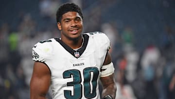 Aug 7, 2025; Philadelphia, Pennsylvania, USA; Philadelphia Eagles linebacker Jihaad Campbell (30) on the field after win against the Cincinnati Bengals at Lincoln Financial Field. Mandatory Credit: Eric Hartline-Imagn Images