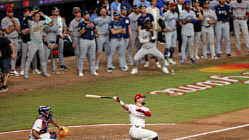  National League designated hitter Kyle Schwarber of the Philadelphia Phillies hits a home run in the swing off of after the 2025 MLB All Star Game ended in a tie at Truist Park.