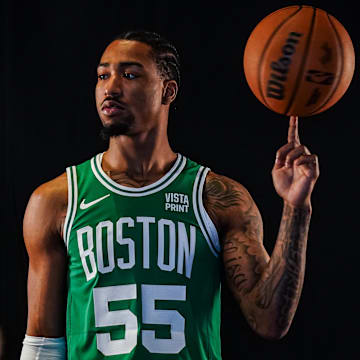 Oct 2, 2023; Boston, Celtics, USA; Boston Celtics guard Jay Scrubb (55) during Boston Celtics Media Day. Mandatory Credit: David Butler II-Imagn Images