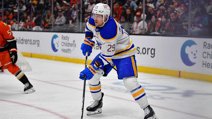 Mar 22, 2026; Anaheim, California, USA; Buffalo Sabres left wing Beck Malenstyn (29) controls the puck against the Ahaheim Ducks during the third period at Honda Center. Mandatory Credit: Gary A. Vasquez-Imagn Images