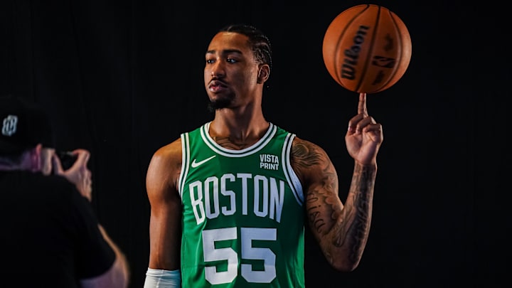 Oct 2, 2023; Boston, Celtics, USA; Boston Celtics guard Jay Scrubb (55) during Boston Celtics Media Day. Mandatory Credit: David Butler II-Imagn Images